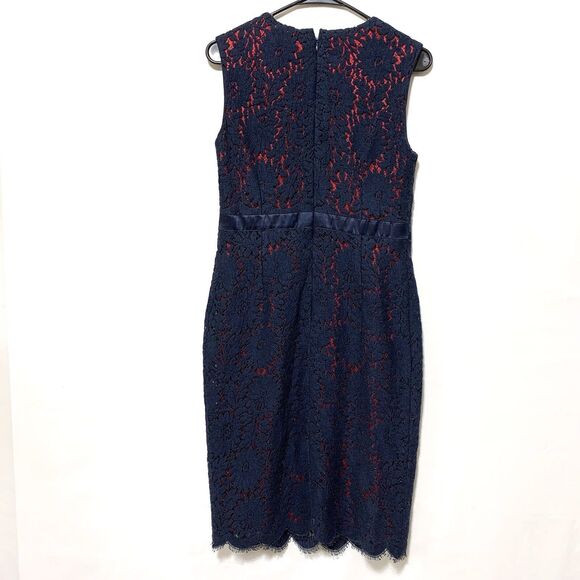Algo Dress Dress Navy Blue Red Lace Overlay Sleeveless Wool Silk Blend Size P - Picture 5 of 16